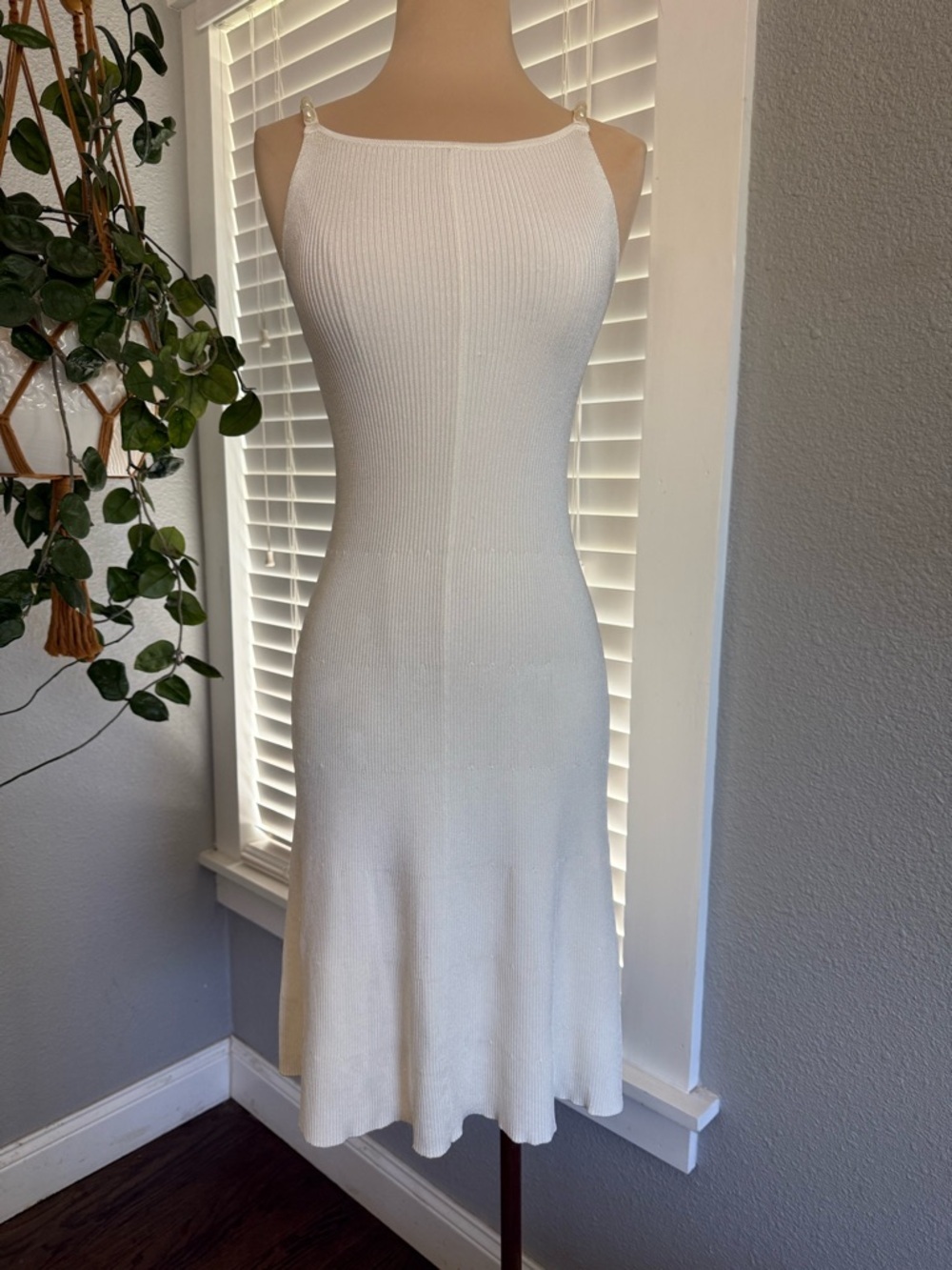 NWT House of Harlow Rib Knit Spaghetti Pearl Strap Dress in Ivory Cloud